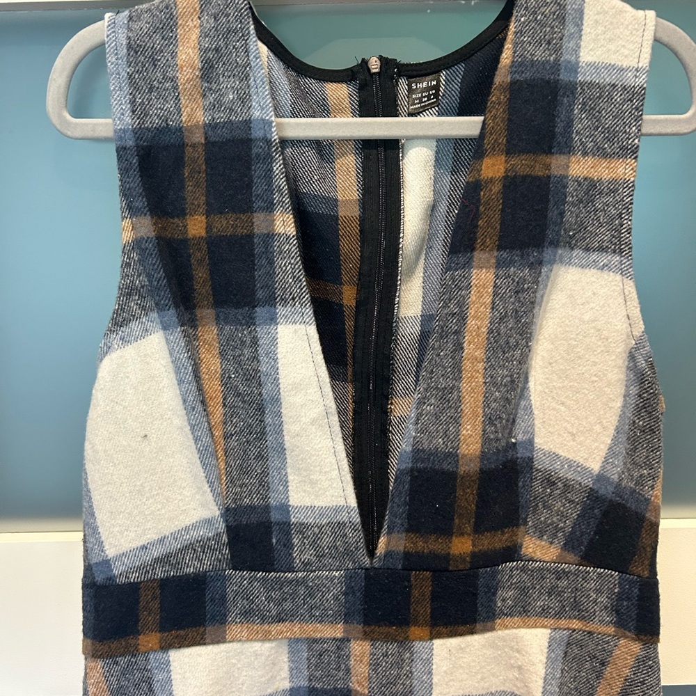 Plaid Sleeveless Dress with Deep V-Neck